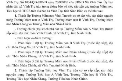 THÔNG BÁO Về việc sắp xếp các trường Mầm non, Tiểu học và THCS trên địa bàn xã Vĩnh Trụ, tỉnh Ninh Bình